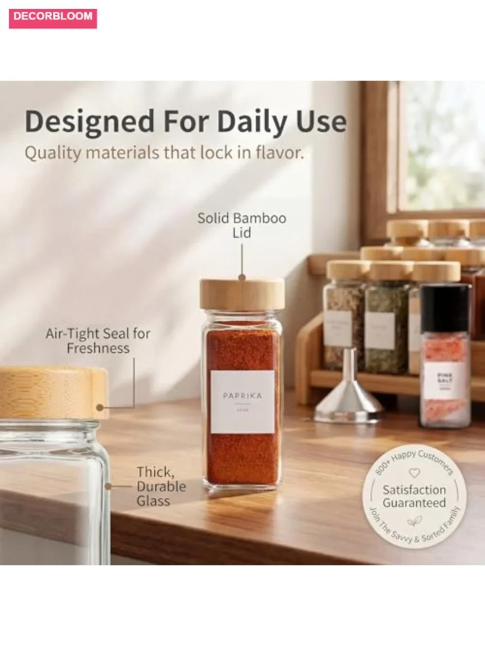24-Pack Glass Spice Jars with Bamboo Lids, Pepper Grinder & Labels